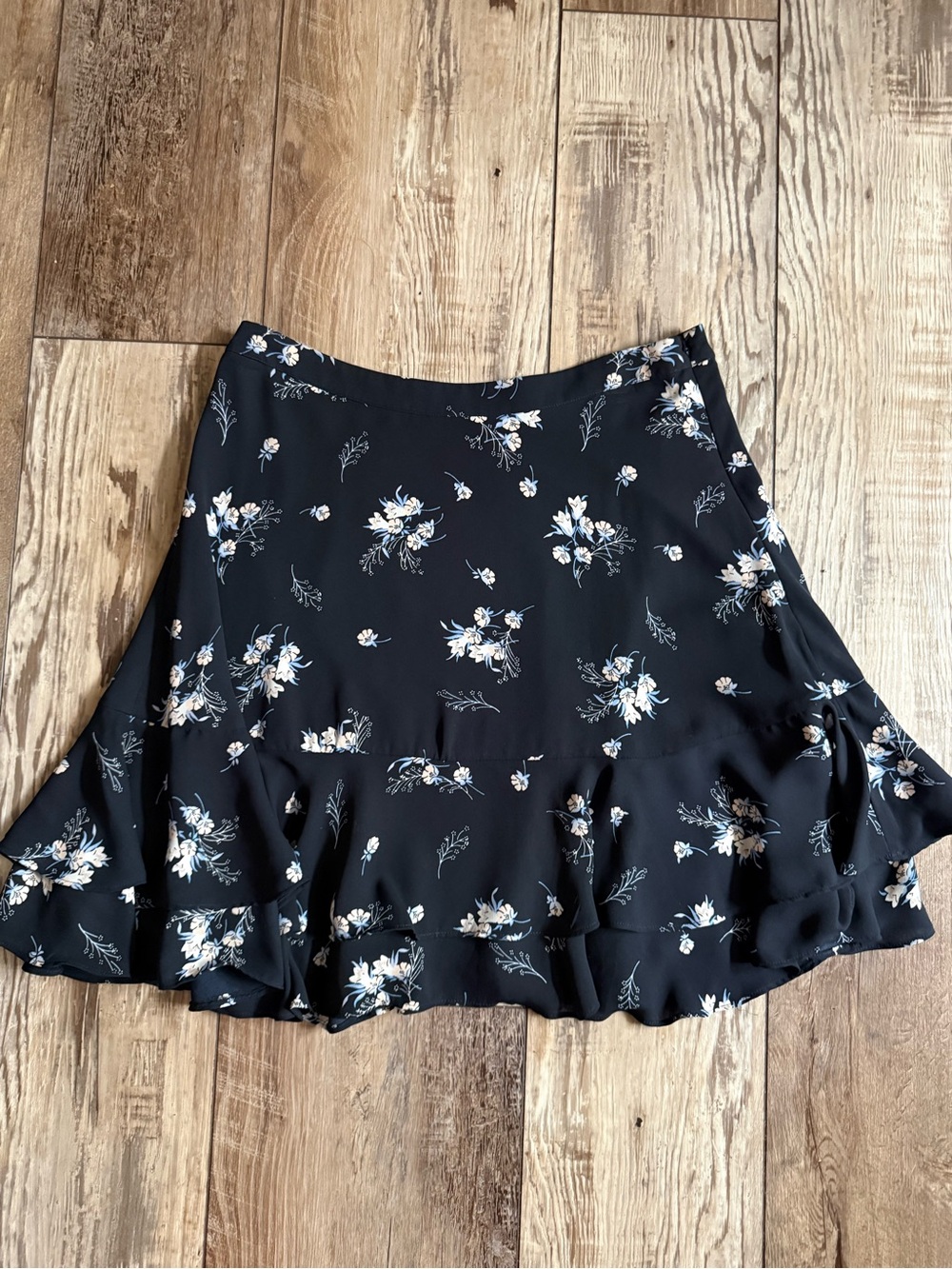 LOFT Black/Blue Floral Ruffle Hem Skater Skirt